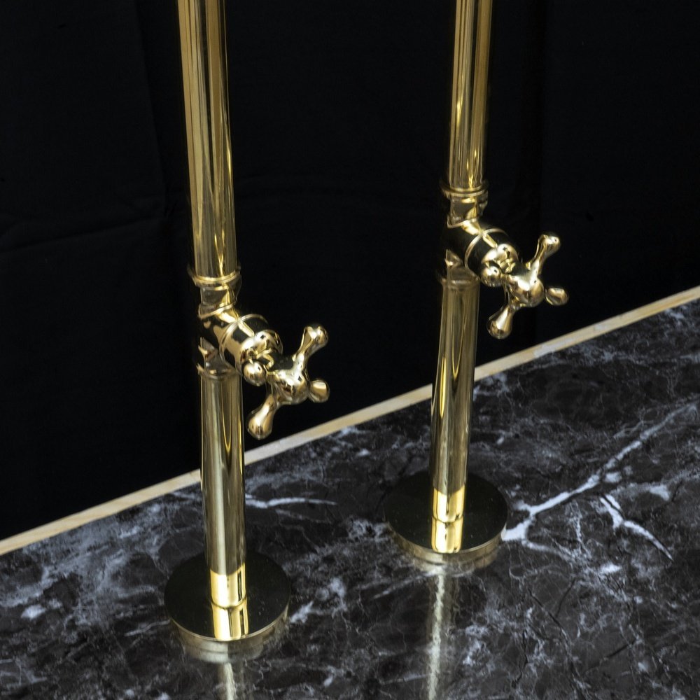 Unlacquered Brass Floor Mount Bath Tub Filler, Brass Bathroom Free Standing Clawfoot Bathtub Faucet With Telephone Hand Shower Unlacquered Brass Floor Mount Bath Tub Filler