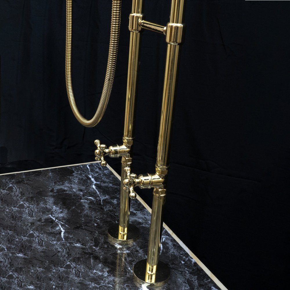 Unlacquered Brass Floor Mount Bath Tub Filler, Brass Bathroom Free Standing Clawfoot Bathtub Faucet With Telephone Hand Shower Unlacquered Brass Floor Mount Bath Tub Filler