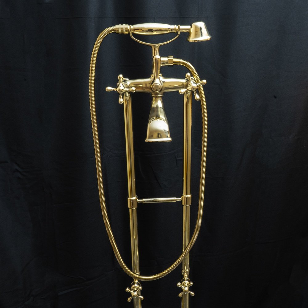 Unlacquered Brass Floor Mount Bath Tub Filler, Brass Bathroom Free Standing Clawfoot Bathtub Faucet With Telephone Hand Shower Unlacquered Brass Floor Mount Bath Tub Filler