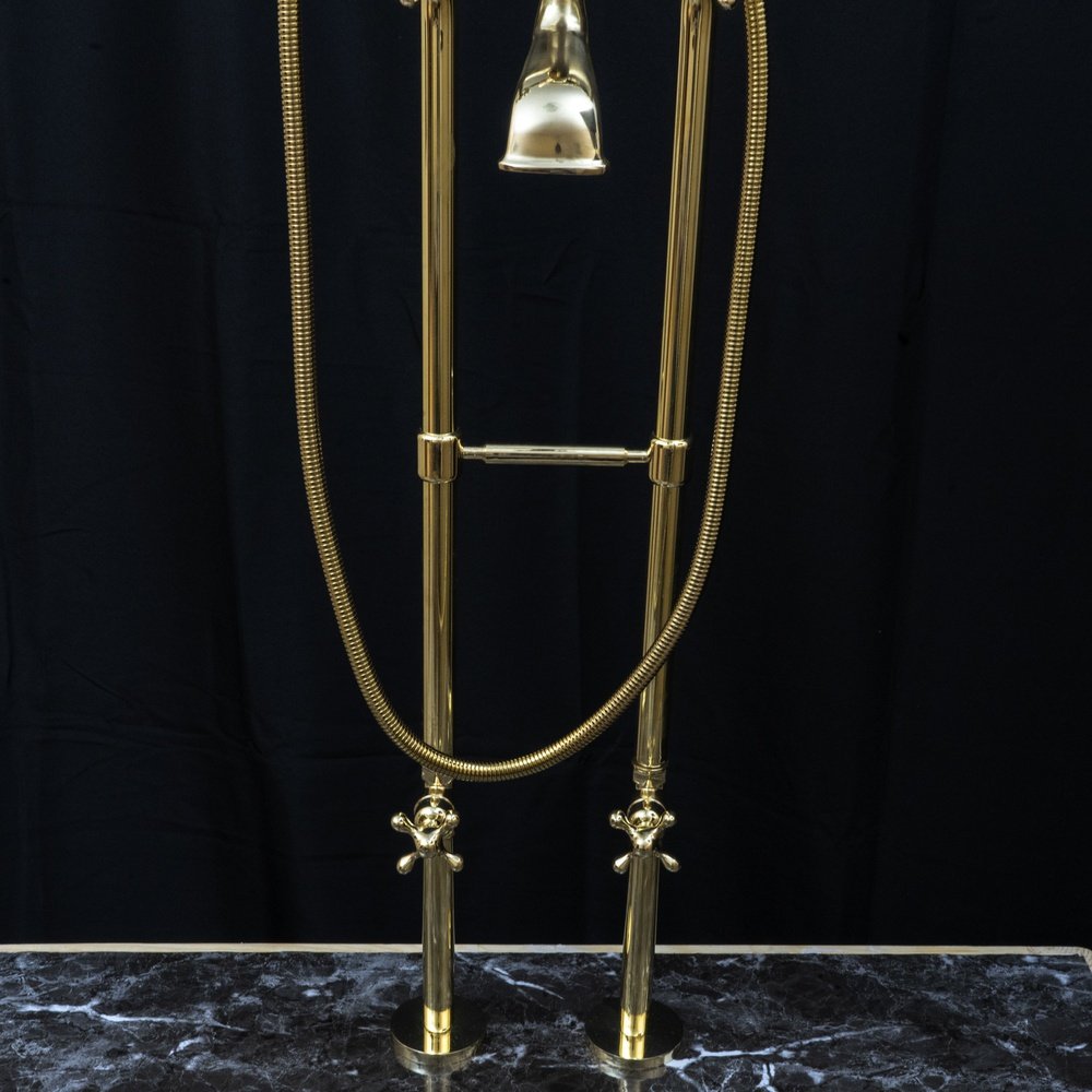 Unlacquered Brass Floor Mount Bath Tub Filler, Brass Bathroom Free Standing Clawfoot Bathtub Faucet With Telephone Hand Shower Unlacquered Brass Floor Mount Bath Tub Filler