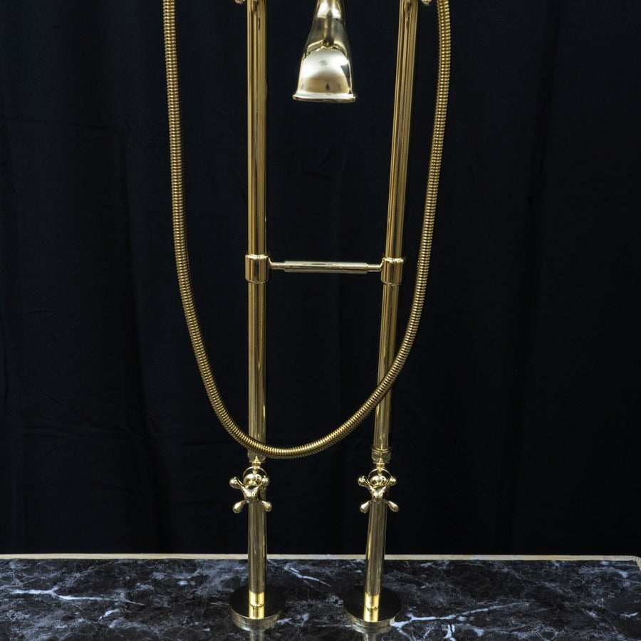 Unlacquered Brass Floor Mount Bath Tub Filler, Brass Bathroom Free Standing Clawfoot Bathtub Faucet With Telephone Hand Shower Unlacquered Brass Floor Mount Bath Tub Filler