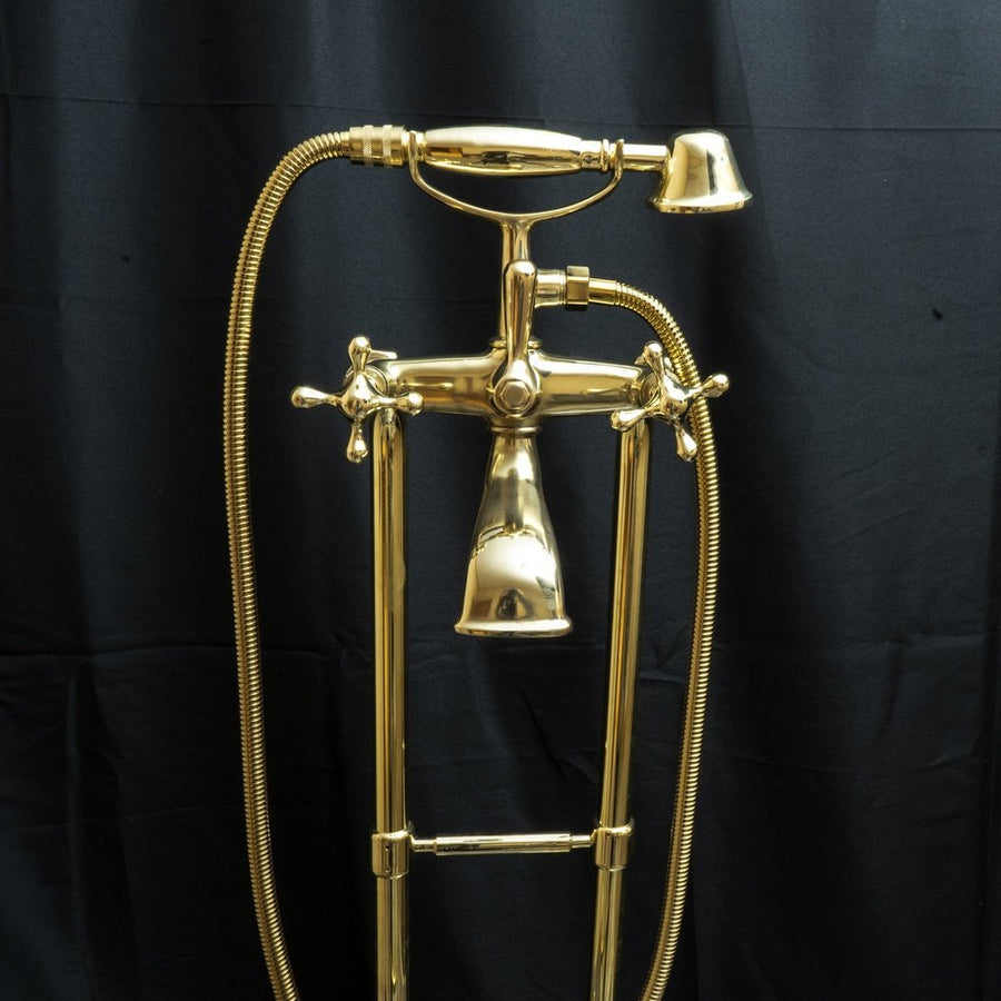 Unlacquered Brass Floor Mount Bath Tub Filler, Brass Bathroom Free Standing Clawfoot Bathtub Faucet With Telephone Hand Shower Unlacquered Brass Floor Mount Bath Tub Filler