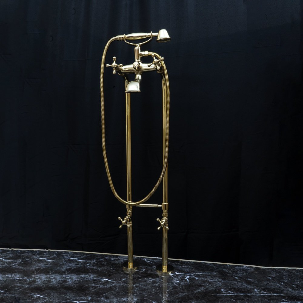 Unlacquered Brass Floor Mount Bath Tub Filler, Brass Bathroom Free Standing Clawfoot Bathtub Faucet With Telephone Hand Shower Unlacquered Brass Floor Mount Bath Tub Filler
