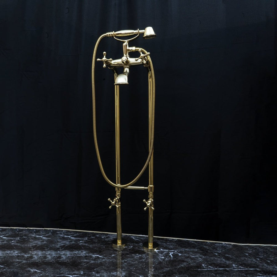 Unlacquered Brass Floor Mount Bath Tub Filler, Brass Bathroom Free Standing Clawfoot Bathtub Faucet With Telephone Hand Shower Unlacquered Brass Floor Mount Bath Tub Filler