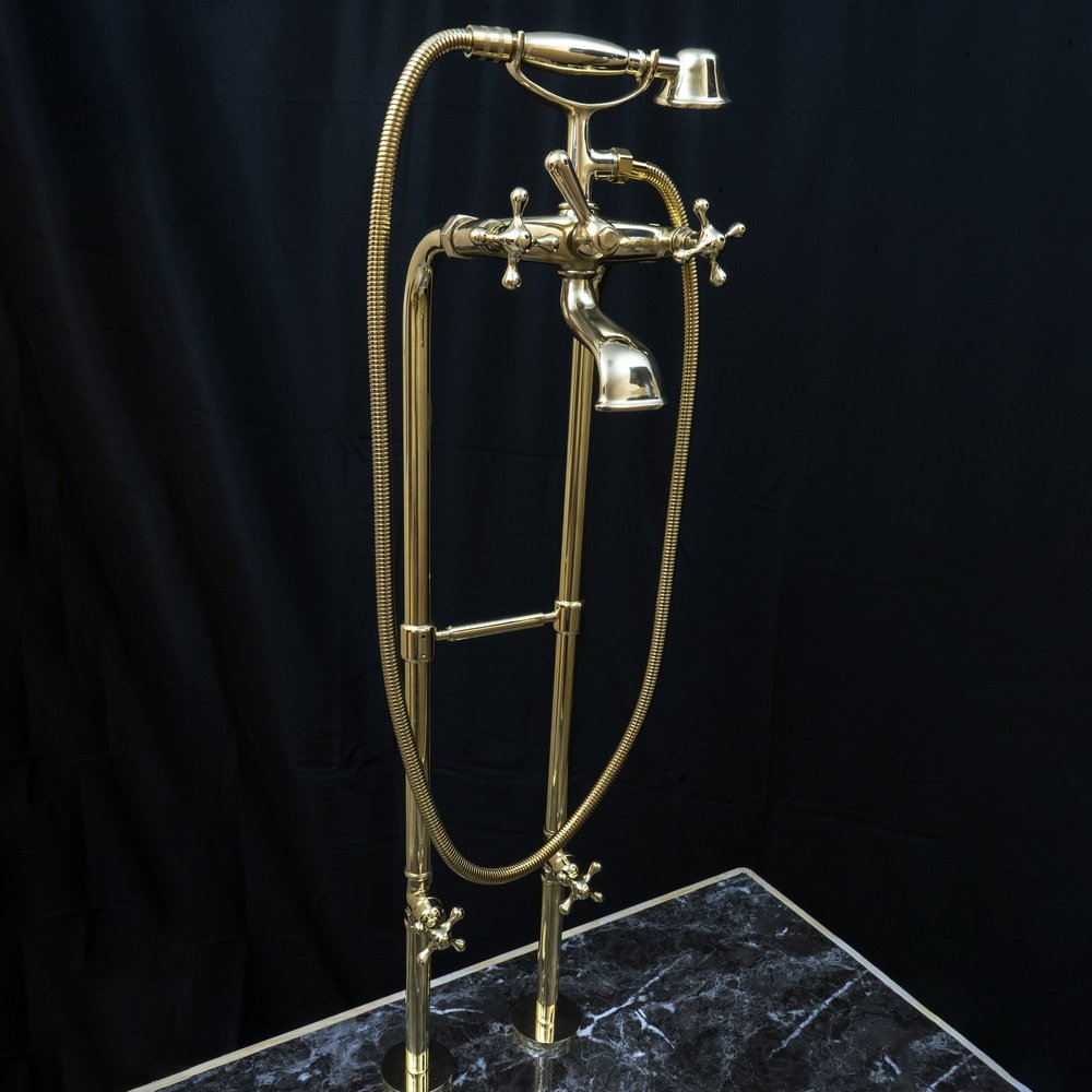 Unlacquered Brass Floor Mount Bath Tub Filler, Brass Bathroom Free Standing Clawfoot Bathtub Faucet With Telephone Hand Shower Unlacquered Brass Floor Mount Bath Tub Filler