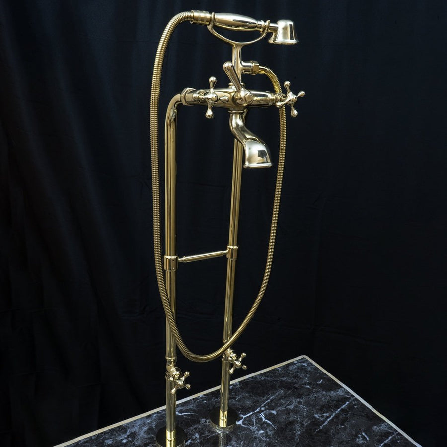 Unlacquered Brass Floor Mount Bath Tub Filler, Brass Bathroom Free Standing Clawfoot Bathtub Faucet With Telephone Hand Shower Unlacquered Brass Floor Mount Bath Tub Filler