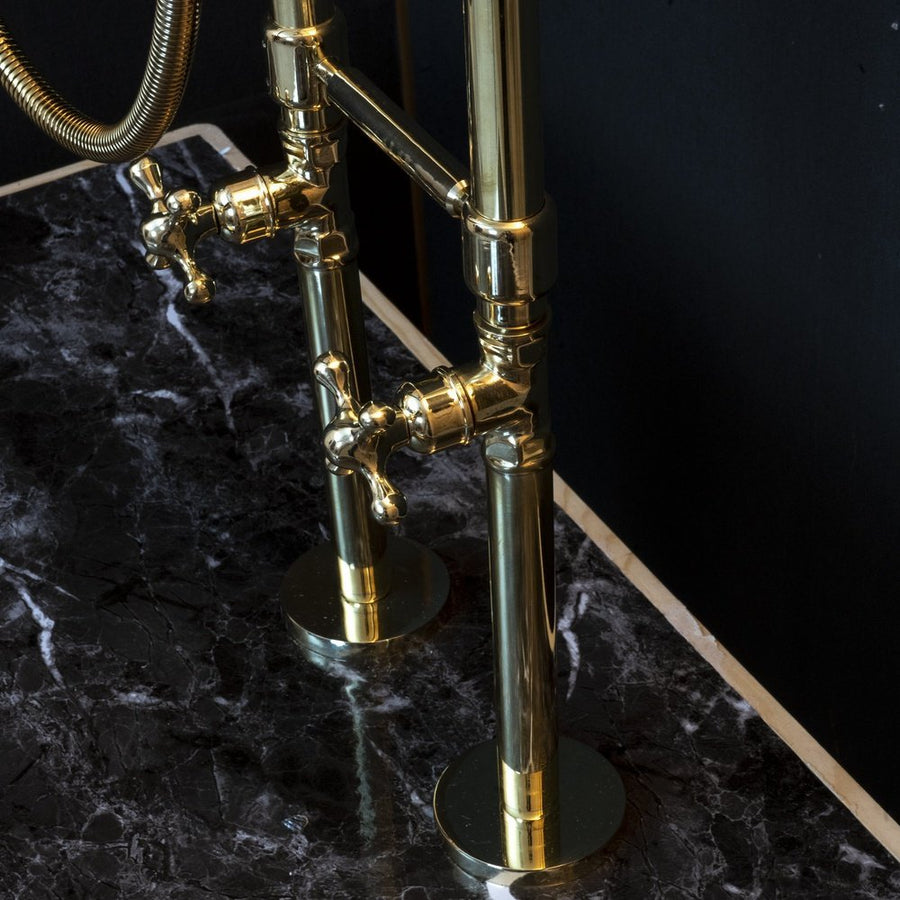 Unlacquered Brass Floor Mount Bath Tub Filler, Brass Bathroom Free Standing Clawfoot Bathtub Faucet With Telephone Hand Shower Unlacquered Brass Floor Mount Bath Tub Filler