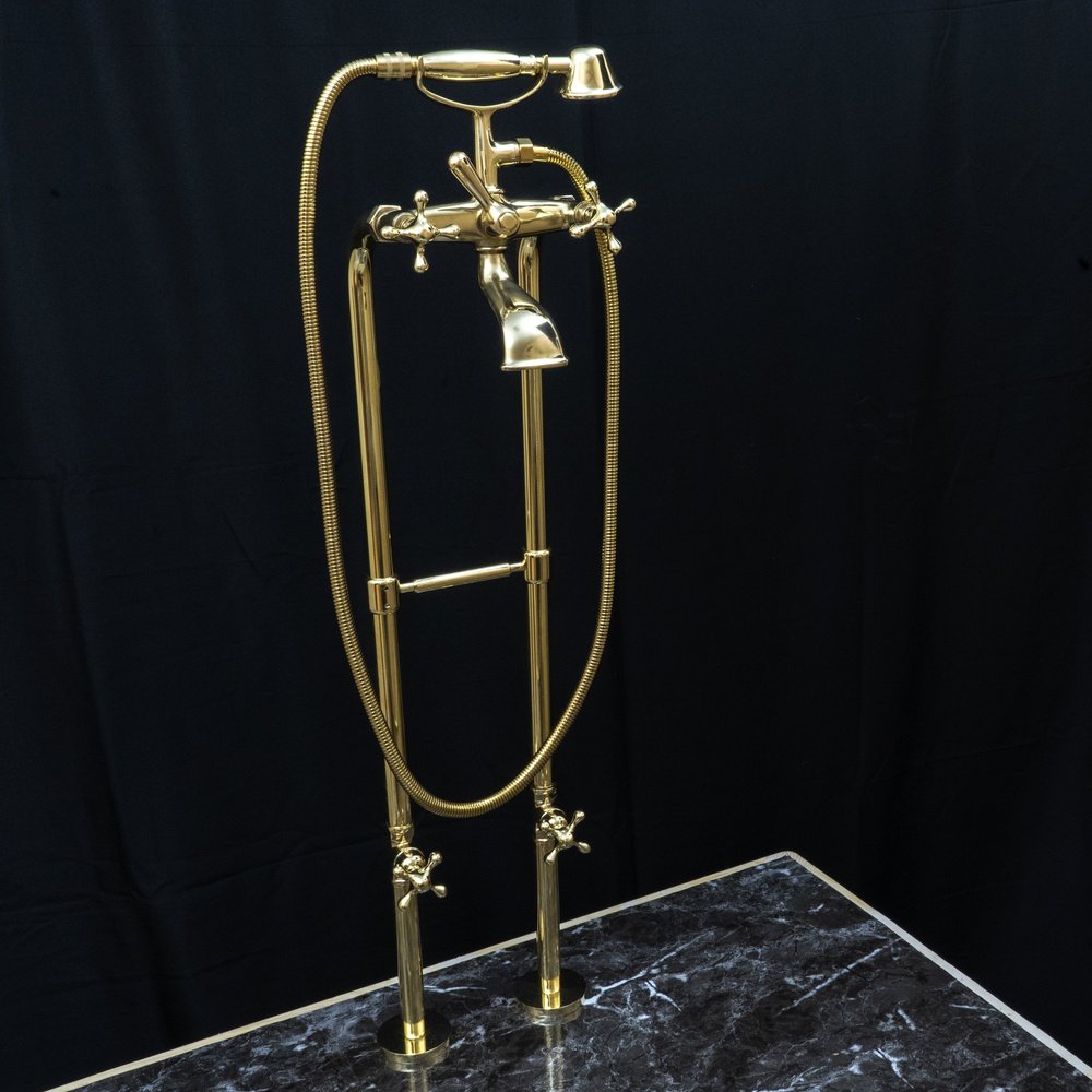 Unlacquered Brass Floor Mount Bath Tub Filler, Brass Bathroom Free Standing Clawfoot Bathtub Faucet With Telephone Hand Shower Unlacquered Brass Floor Mount Bath Tub Filler