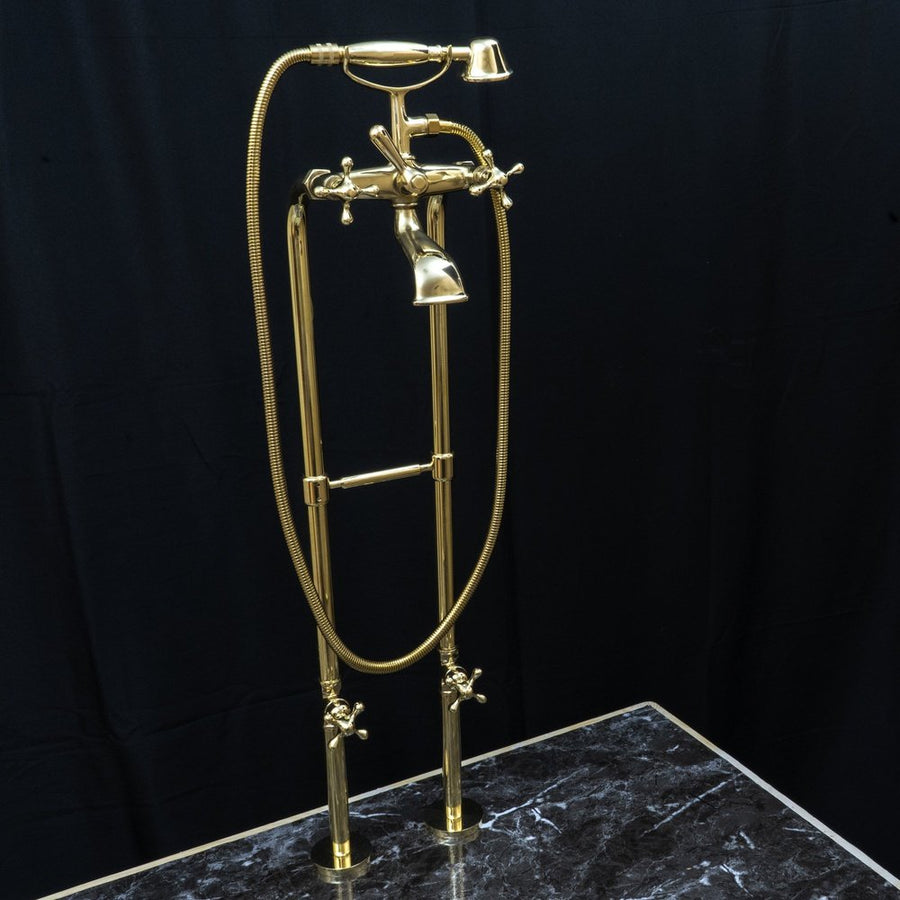 Unlacquered Brass Floor Mount Bath Tub Filler, Brass Bathroom Free Standing Clawfoot Bathtub Faucet With Telephone Hand Shower Unlacquered Brass Floor Mount Bath Tub Filler