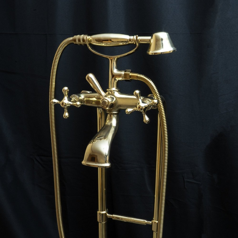 Unlacquered Brass Floor Mount Bath Tub Filler, Brass Bathroom Free Standing Clawfoot Bathtub Faucet With Telephone Hand Shower Unlacquered Brass Floor Mount Bath Tub Filler