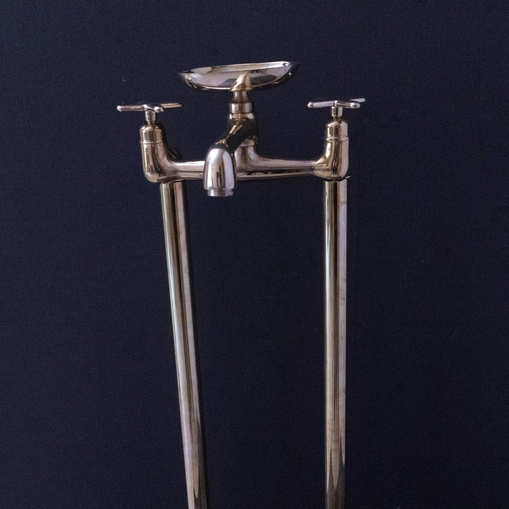 Unlacquered Brass Floor Mount Bath Tub Filler, Brass Bathroom Free Standing Clawfoot Bathtub Faucet With Brass soap holder Bangkok Tub Filler