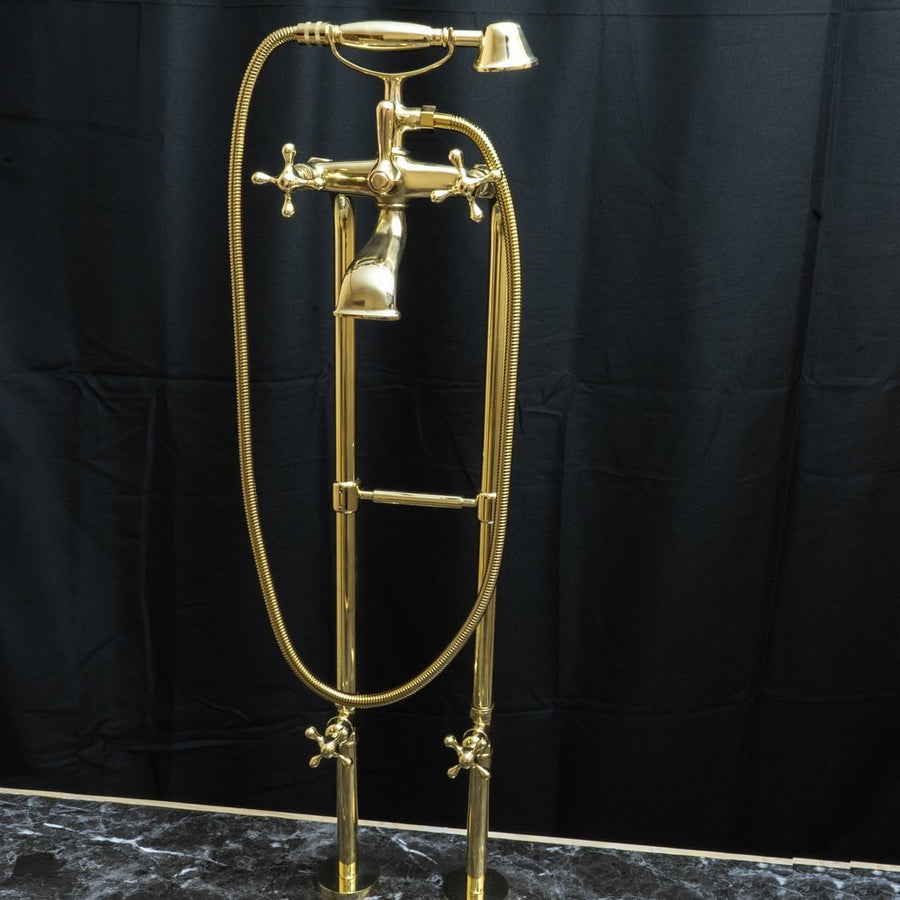 Unlacquered Brass Floor Mount Bath Tub Filler, Brass Bathroom Free Standing Clawfoot Bathtub Faucet With Telephone Hand Shower Unlacquered Brass Floor Mount Bath Tub Filler