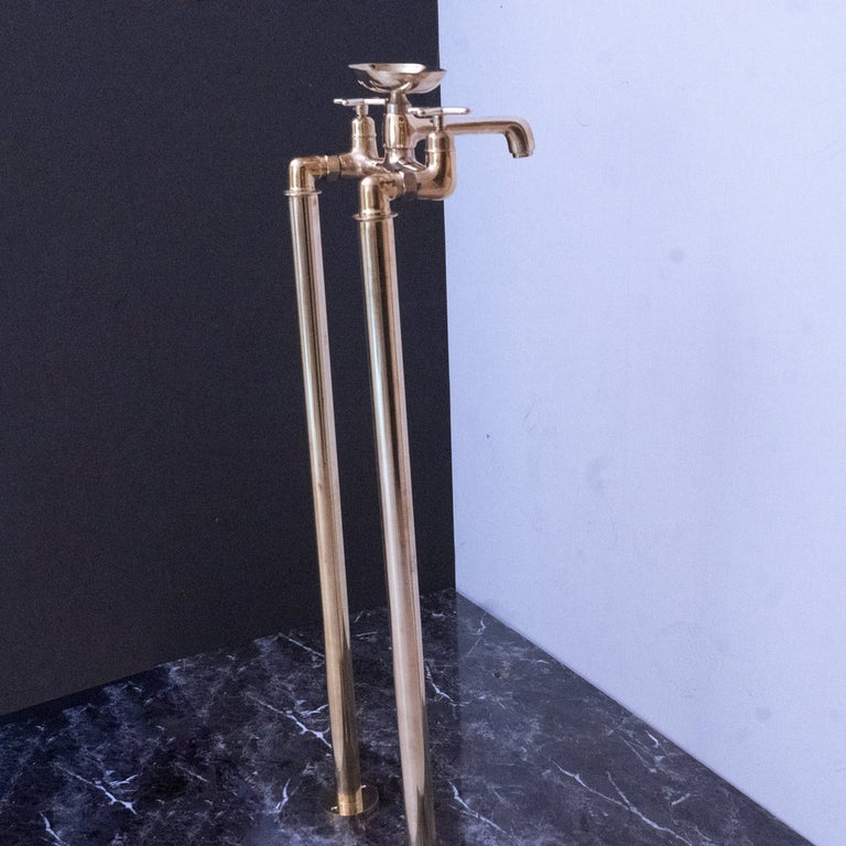 Unlacquered Brass Floor Mount Bath Tub Filler, Brass Bathroom Free Standing Clawfoot Bathtub Faucet With Brass soap holder Bangkok Tub Filler