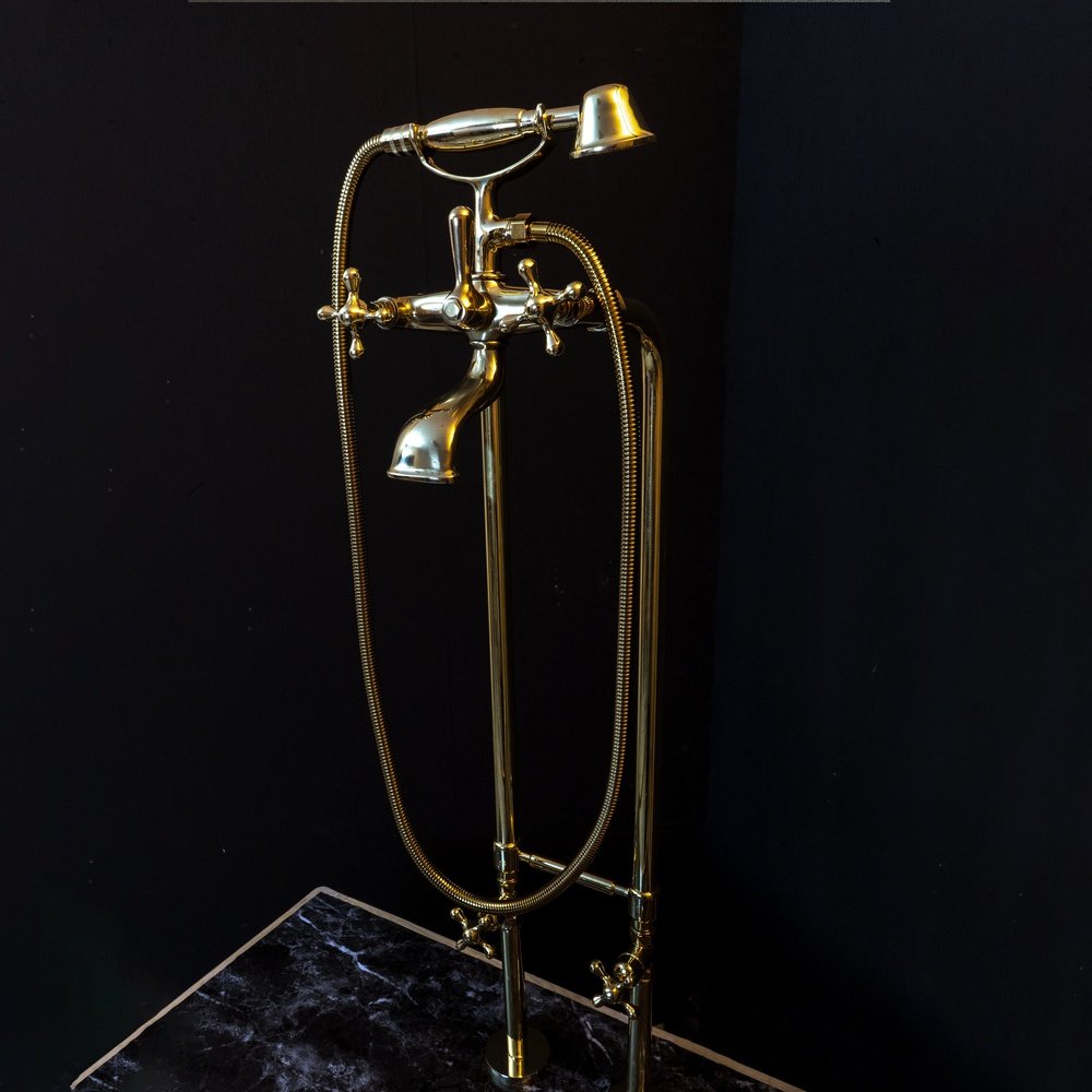 Unlacquered Brass Floor Mount Bath Tub Filler, Brass Bathroom Free Standing Clawfoot Bathtub Faucet With Telephone Hand Shower Unlacquered Brass Floor Mount Bath Tub Filler