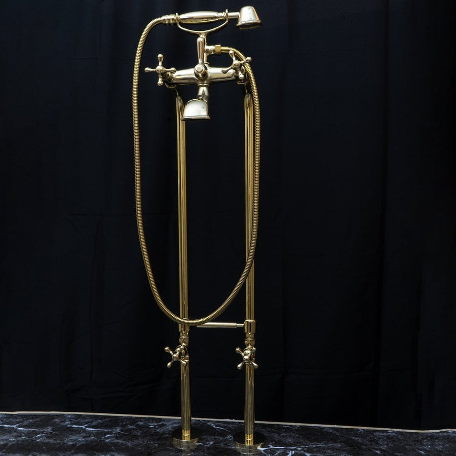 Unlacquered Brass Floor Mount Bath Tub Filler, Brass Bathroom Free Standing Clawfoot Bathtub Faucet With Telephone Hand Shower Unlacquered Brass Floor Mount Bath Tub Filler