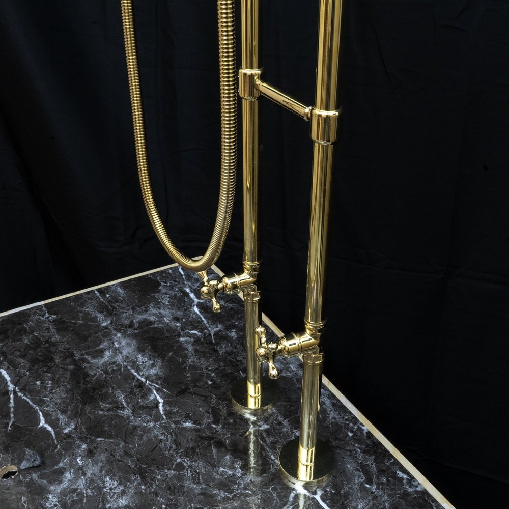 Unlacquered Brass Floor Mount Bath Tub Filler, Brass Bathroom Free Standing Clawfoot Bathtub Faucet With Telephone Hand Shower Unlacquered Brass Floor Mount Bath Tub Filler