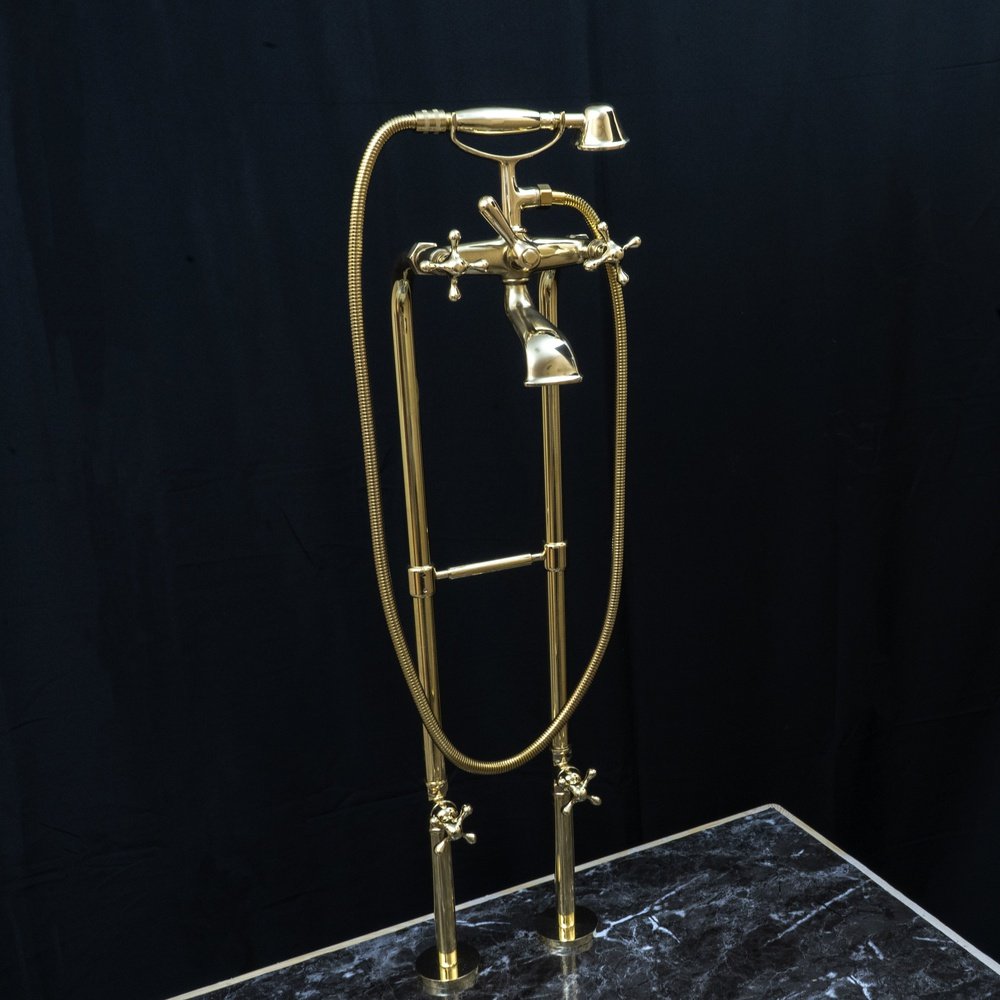 Unlacquered Brass Floor Mount Bath Tub Filler, Brass Bathroom Free Standing Clawfoot Bathtub Faucet With Telephone Hand Shower Unlacquered Brass Floor Mount Bath Tub Filler