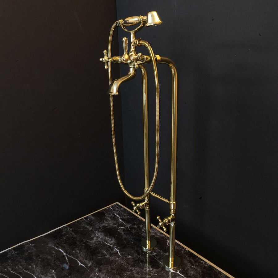 Unlacquered Brass Floor Mount Bath Tub Filler, Brass Bathroom Free Standing Clawfoot Bathtub Faucet With Telephone Hand Shower Unlacquered Brass Floor Mount Bath Tub Filler