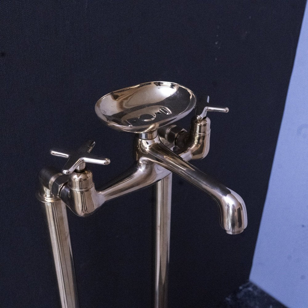 Unlacquered Brass Floor Mount Bath Tub Filler, Brass Bathroom Free Standing Clawfoot Bathtub Faucet With Brass soap holder Bangkok Tub Filler