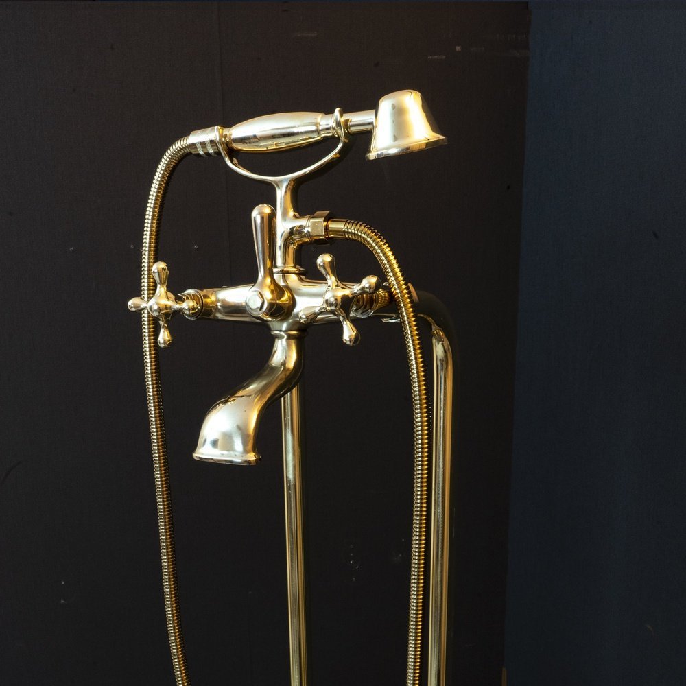 Unlacquered Brass Floor Mount Bath Tub Filler, Brass Bathroom Free Standing Clawfoot Bathtub Faucet With Telephone Hand Shower Unlacquered Brass Floor Mount Bath Tub Filler