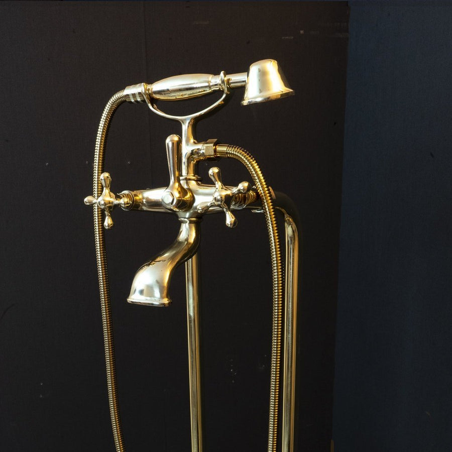 Unlacquered Brass Floor Mount Bath Tub Filler, Brass Bathroom Free Standing Clawfoot Bathtub Faucet With Telephone Hand Shower Unlacquered Brass Floor Mount Bath Tub Filler