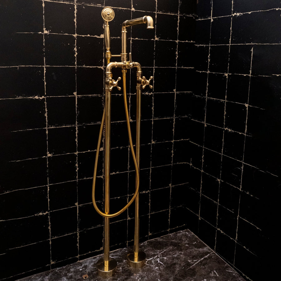 Unlacquered Brass Floor Mounted Bathtub with Handshower, Natural Brass Freestanding Tub Filler with Handheld Unlacquered Brass Freestanding Bathtub