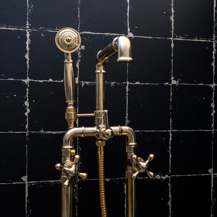 Unlacquered Brass Floor Mounted Bathtub with Handshower, Natural Brass Freestanding Tub Filler with Handheld Unlacquered Brass Freestanding Bathtub