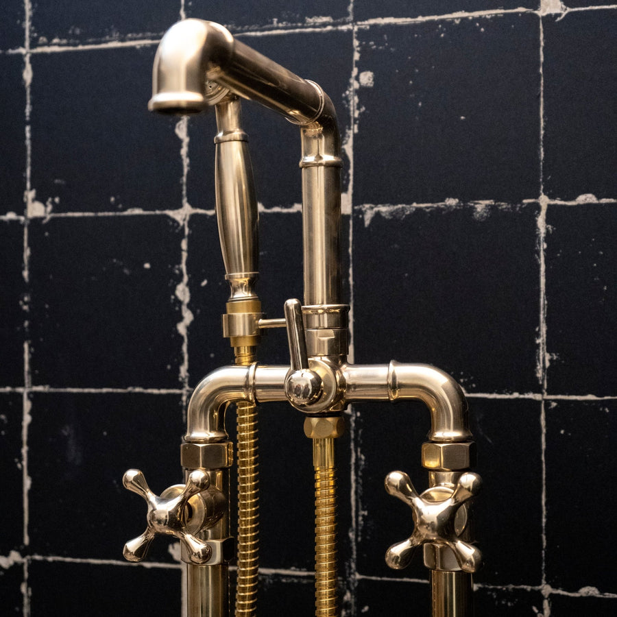 Unlacquered Brass Floor Mounted Bathtub with Handshower, Natural Brass Freestanding Tub Filler with Handheld Unlacquered Brass Freestanding Bathtub