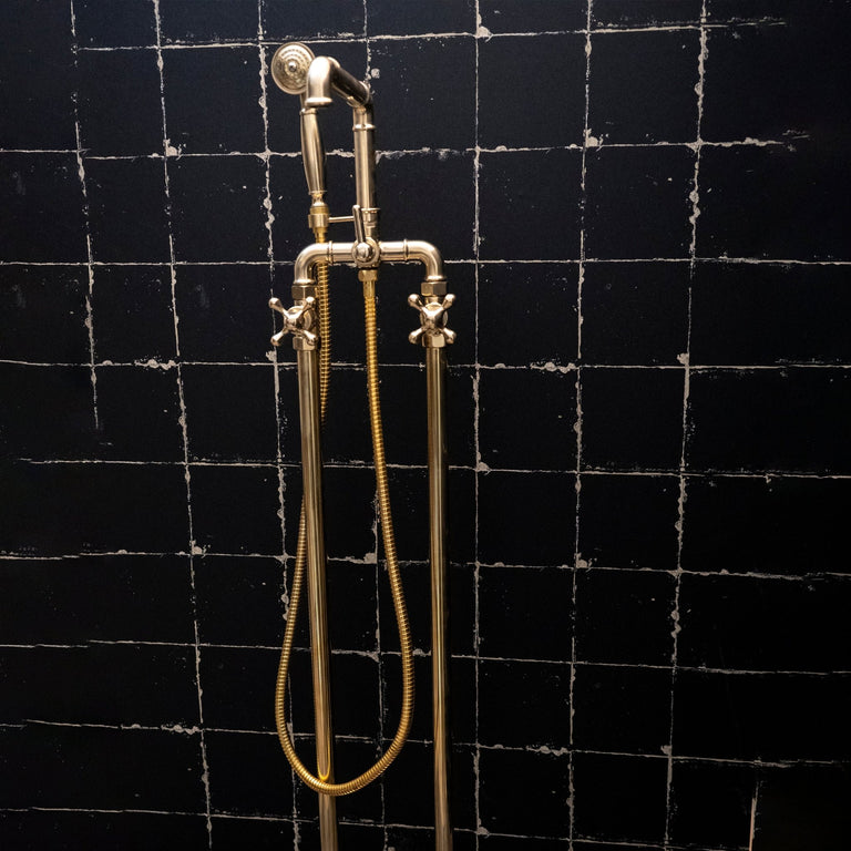 Unlacquered Brass Floor Mounted Bathtub with Handshower, Natural Brass Freestanding Tub Filler with Handheld Floor Mounted Bathtub