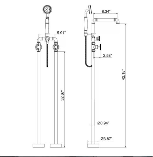 Unlacquered Brass Floor Mounted Bathtub with Handshower, Natural Brass Freestanding Tub Filler with Handheld Floor Mounted Bathtub SP