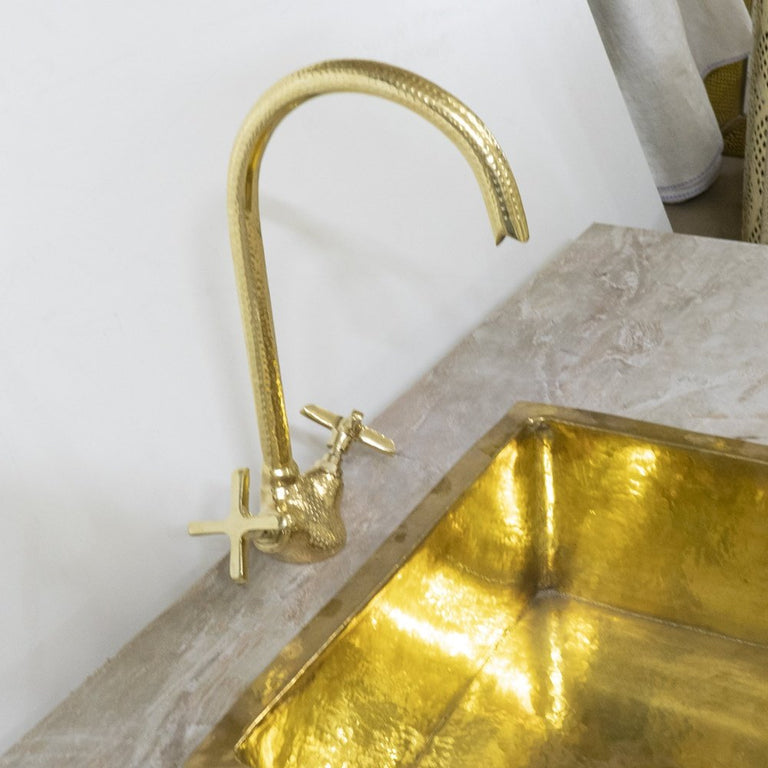 Hammered Gooseneck Faucet with Flat Cross Handles, Handcrafted Vanity SInk Faucet Unlacquered Brass Gooseneck Brass Faucet
