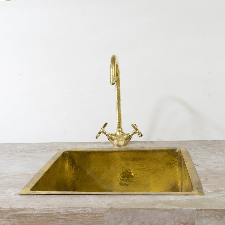 Hammered Gooseneck Faucet with Flat Cross Handles, Handcrafted Vanity SInk Faucet Unlacquered Brass Gooseneck Brass Faucet