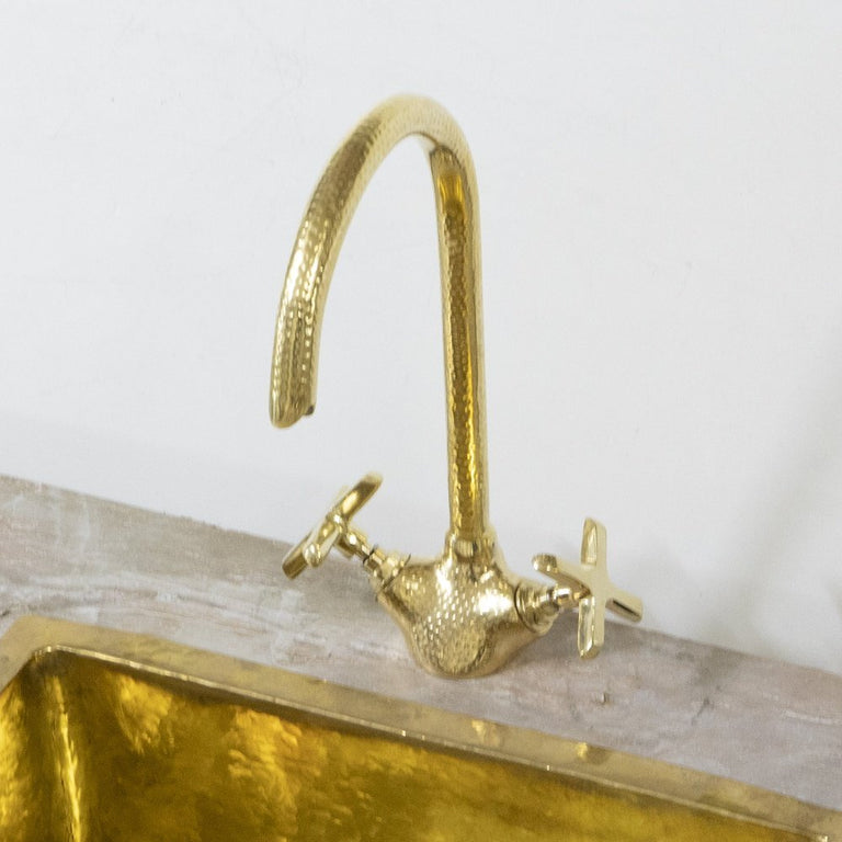 Hammered Gooseneck Faucet with Flat Cross Handles, Handcrafted Vanity SInk Faucet Unlacquered Brass Gooseneck Brass Faucet