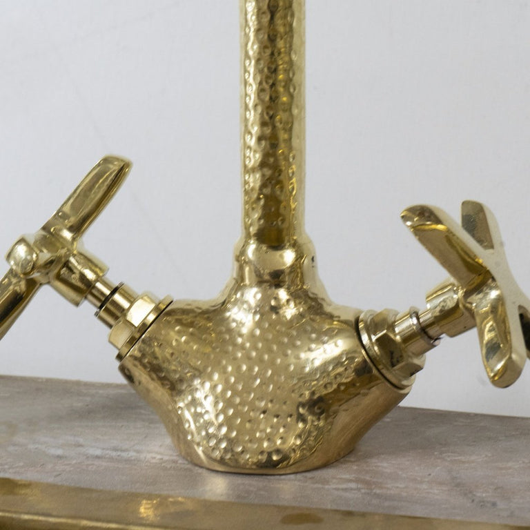 Hammered Gooseneck Faucet with Flat Cross Handles, Handcrafted Vanity SInk Faucet Unlacquered Brass Gooseneck Brass Faucet