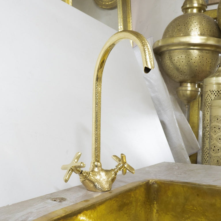 Hammered Gooseneck Faucet with Flat Cross Handles, Handcrafted Vanity SInk Faucet Unlacquered Brass Gooseneck Brass Faucet