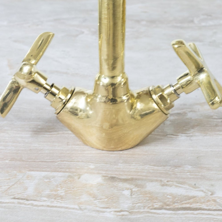 Hammered Gooseneck Faucet with Flat Cross Handles, Handcrafted Vanity SInk Faucet Unlacquered Brass Gooseneck Brass Faucet