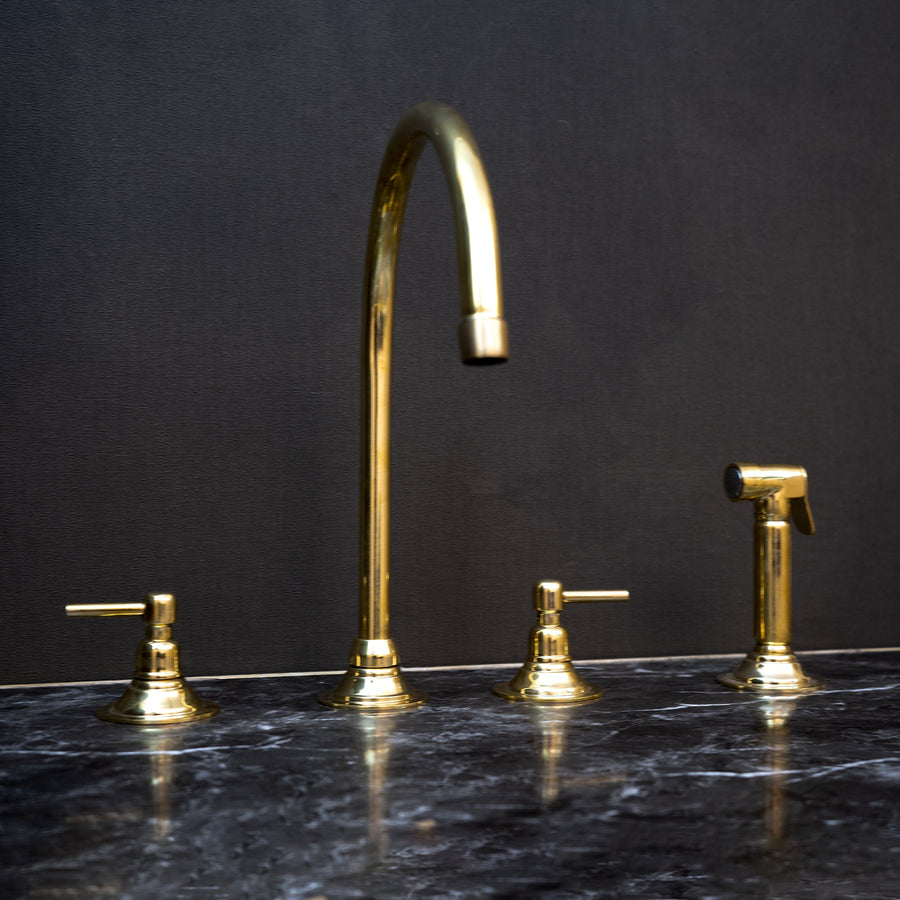 Unlacquered Brass Gooseneck Deck Mounted Kitchen Faucet, Handmade Solid Brass 3 Holes Kitchen Faucet, With Sprayer Unlacquered Brass Gooseneck Deck Mounted Kitchen Faucet