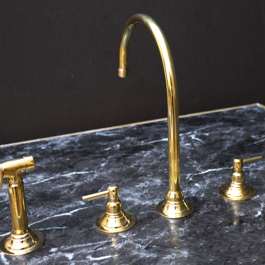 Unlacquered Brass Gooseneck Deck Mounted Kitchen Faucet, Handmade Solid Brass 3 Holes Kitchen Faucet, With Sprayer Unlacquered Brass Gooseneck Deck Mounted Kitchen Faucet