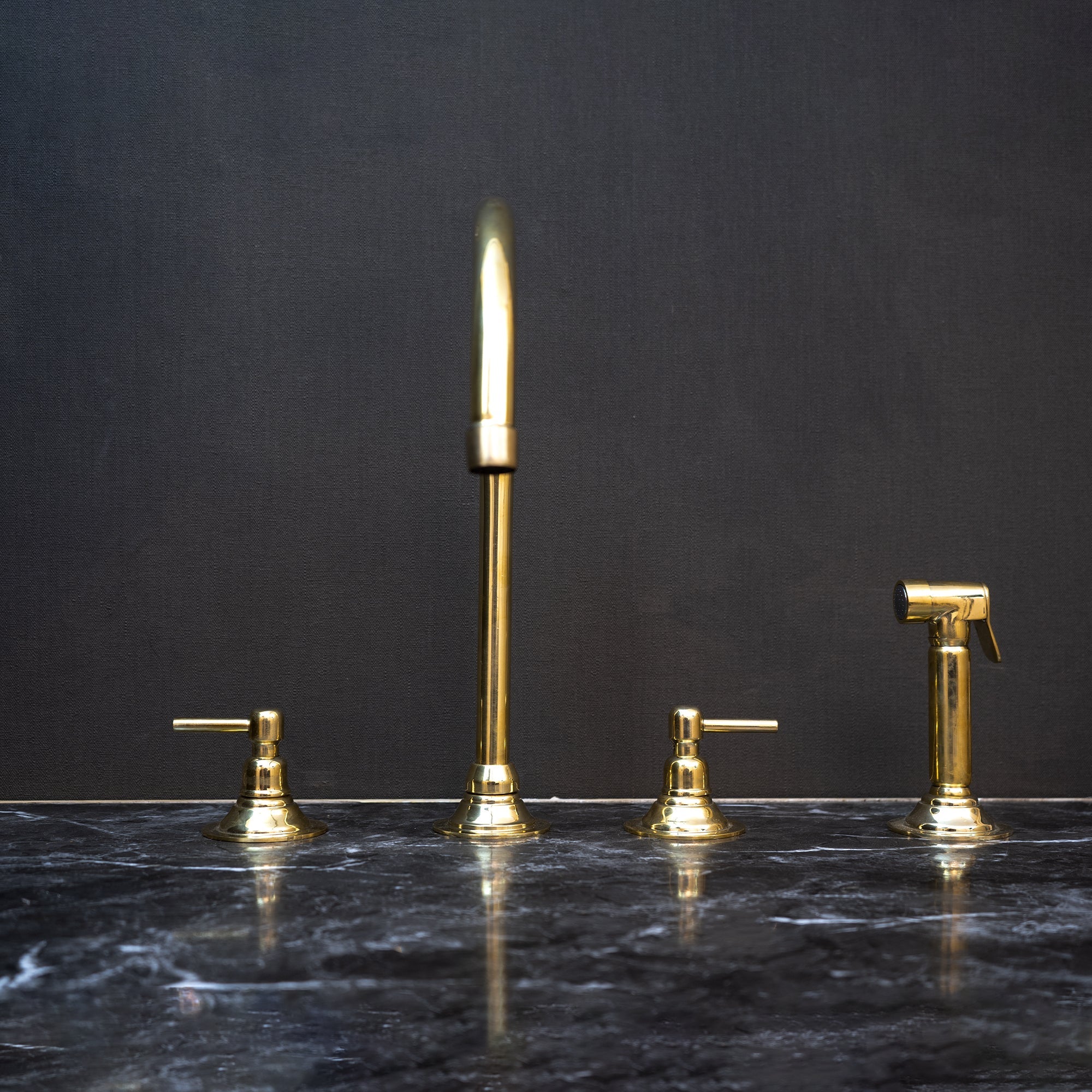 Unlacquered Brass Gooseneck Deck Mounted Kitchen Faucet, Handmade Solid Brass 3 Holes Kitchen Faucet, With Sprayer Unlacquered Brass Gooseneck Deck Mounted Kitchen Faucet
