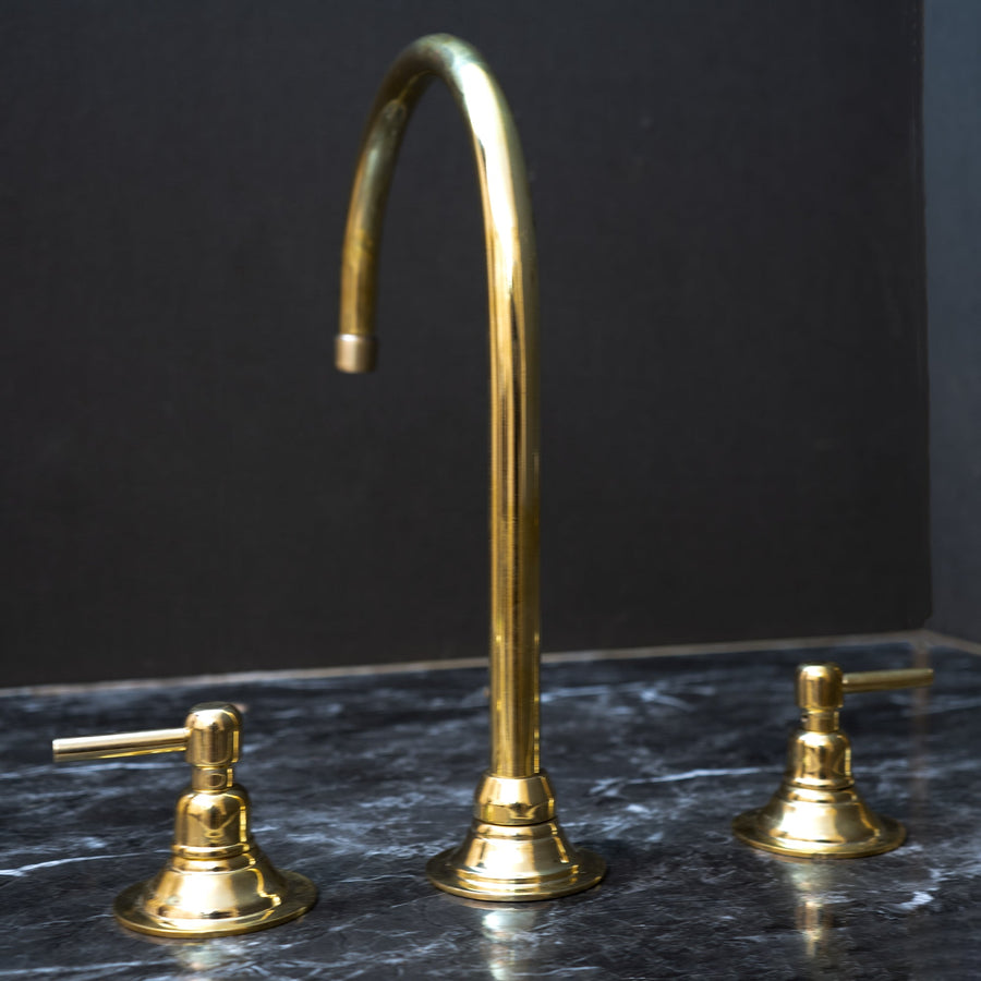 Unlacquered Brass Gooseneck Deck Mounted Kitchen Faucet, Handmade Solid Brass 3 Holes Kitchen Faucet, With Sprayer Unlacquered Brass Gooseneck Deck Mounted Kitchen Faucet