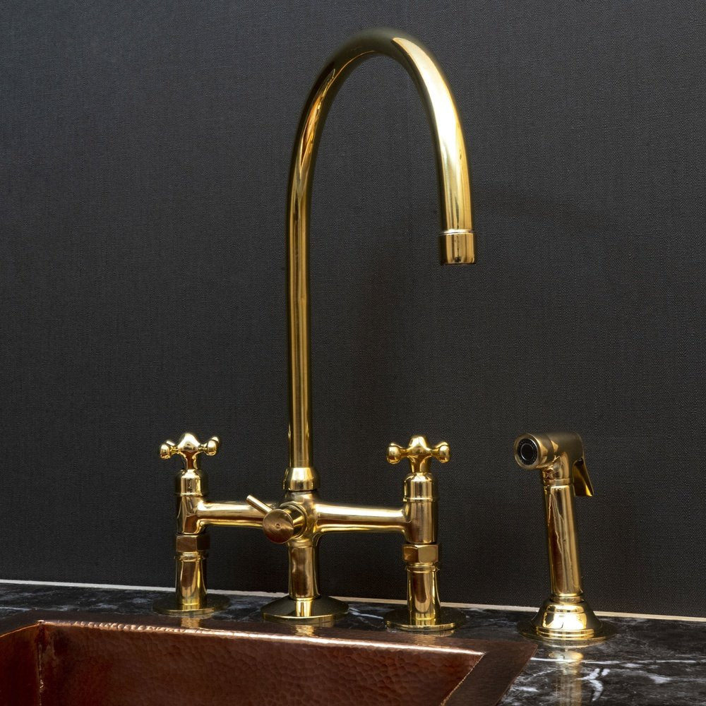 Unlacquered Brass Kitchen Bridge Faucet With Side Sprayer - Brassna
