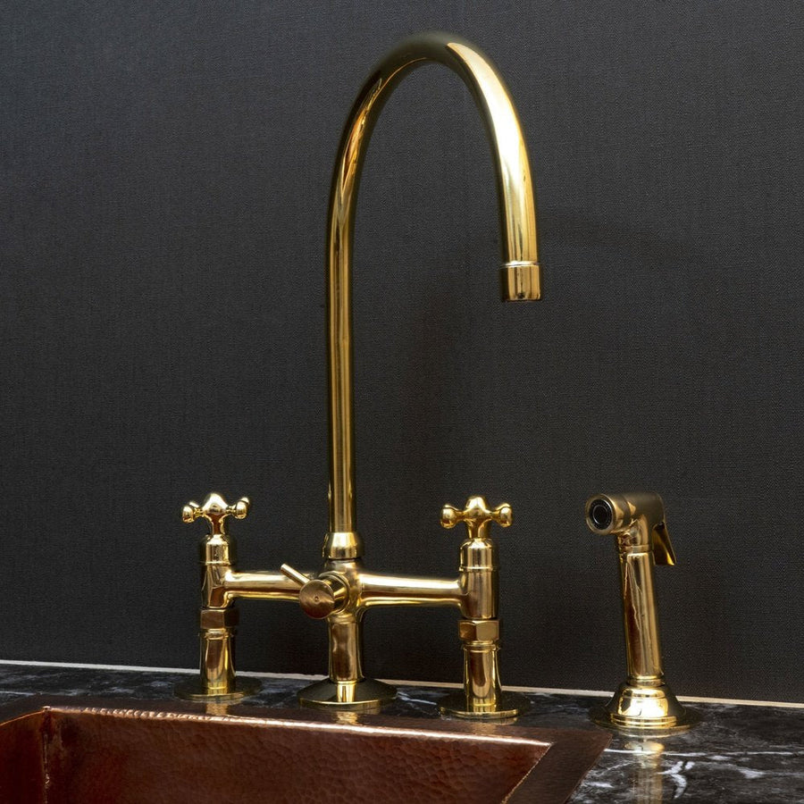 Unlacquered Brass Kitchen Bridge Faucet With Side Sprayer - Brassna