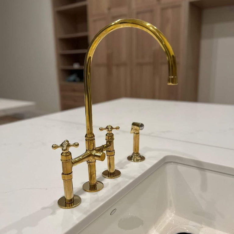 Unlacquered Brass Kitchen Bridge Faucet With Side Sprayer - Brassna