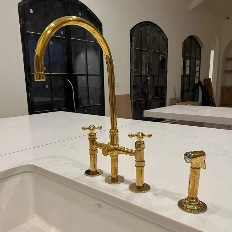 Unlacquered Brass Kitchen Bridge Faucet With Side Sprayer - Brassna