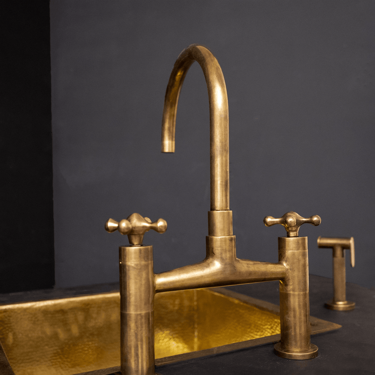 Bridge Kitchen Faucet with Simple Cross Handles, Brass Faucet with customizable spout reach and length Unlacquered Brass Kitchen Bridge Faucet With Sprayer & Cross Handles