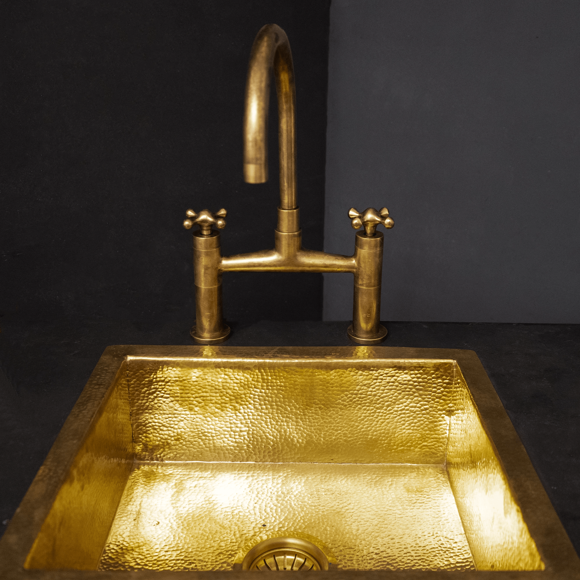 Unlacquered Brass Kitchen Faucet - Never Plated | Brassna The Cross Sprayer Bridge