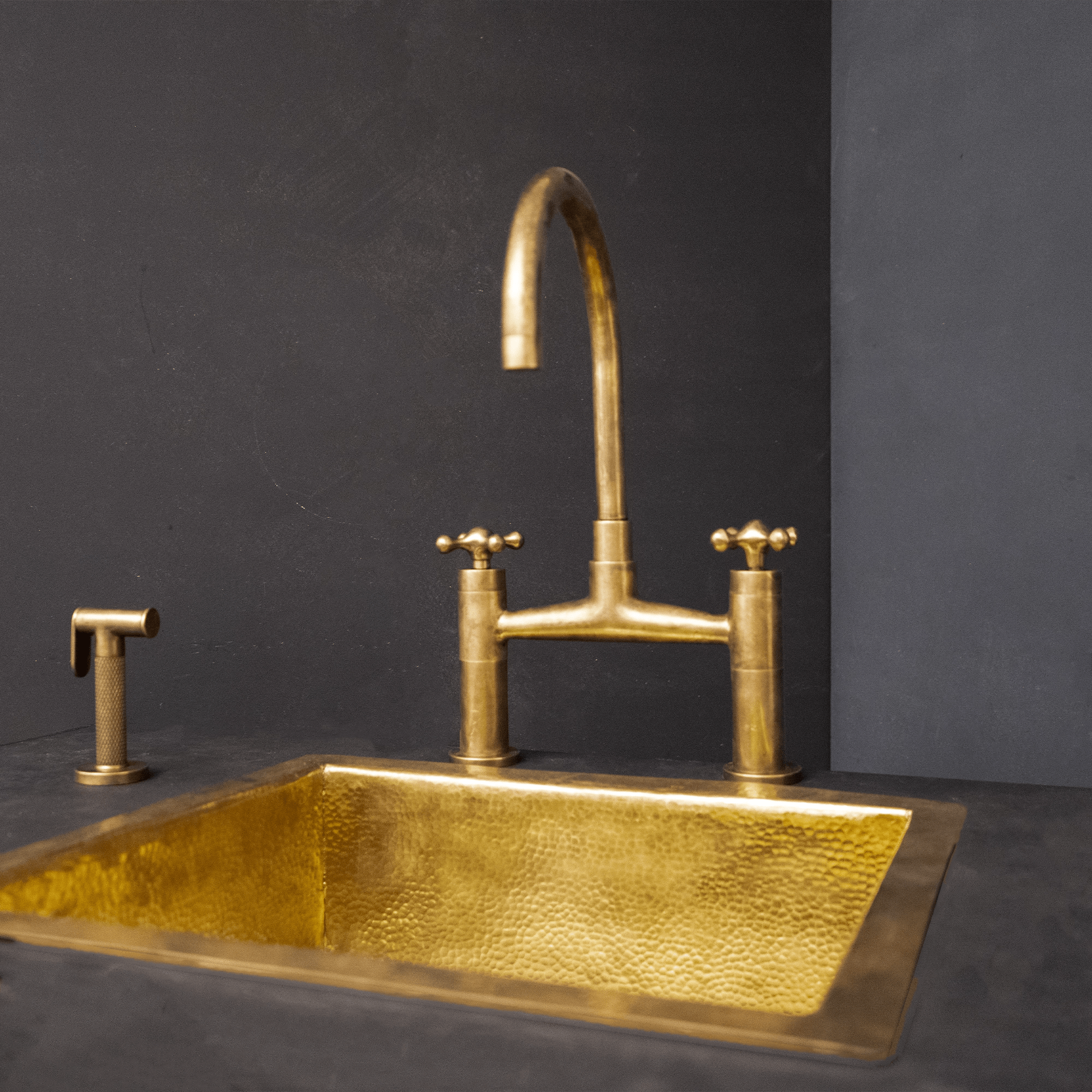 Unlacquered Brass Kitchen Faucet - Never Plated | Brassna The Cross Sprayer Bridge