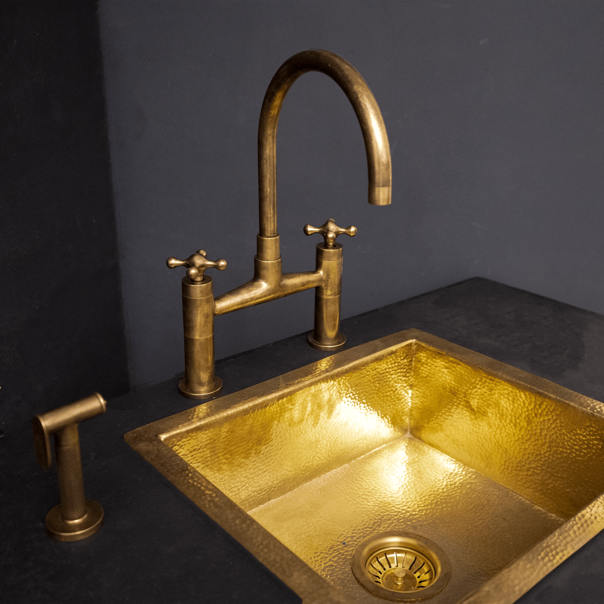 Unlacquered Brass Kitchen Faucet - Never Plated | Brassna The Cross Sprayer Bridge