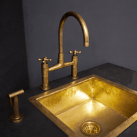 Unlacquered Brass Kitchen Bridge Faucet With Sprayer & Cross Handles - Brassna