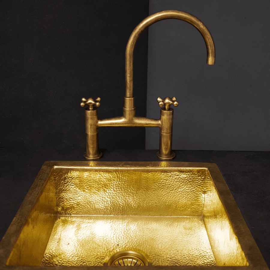 Bridge Kitchen Faucet with Simple Cross Handles, Brass Faucet with customizable spout reach and length Unlacquered Brass Kitchen Bridge Faucet With Sprayer & Cross Handles
